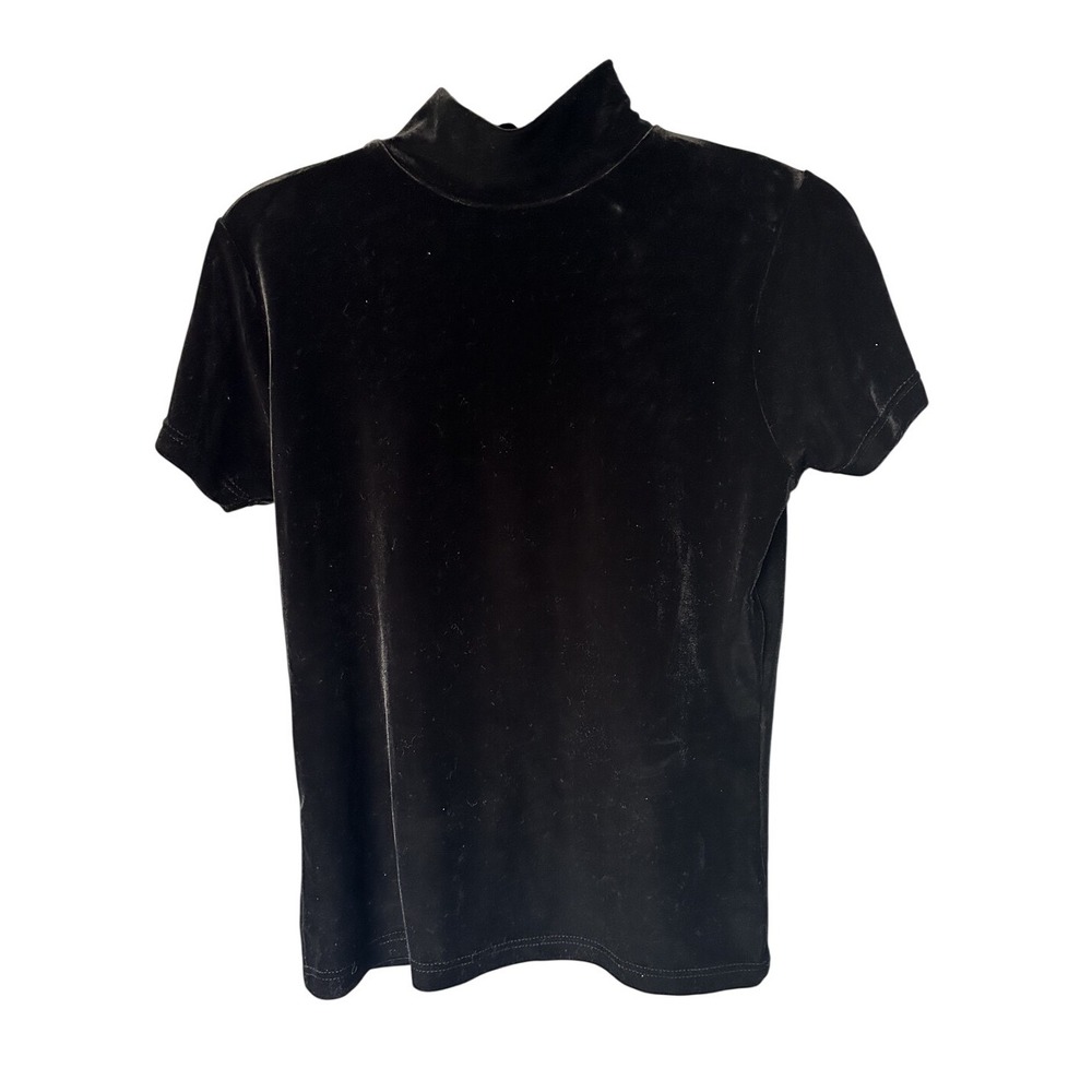 Vintage‎ Y2K Women's Small Black Velvet Turtleneck Top Short Sleeves whimsy goth
